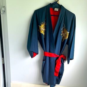 Japanese Silk Kimono Robe Red Navy  Exquisite Dragon Embroidered Back & Front M